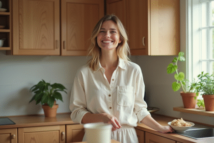 Femme souriante en cuisine avec tenue en lin naturel