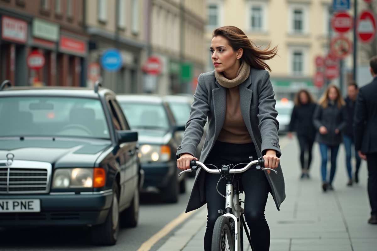 Jeune femme à vélo dans zone à faibles émissions