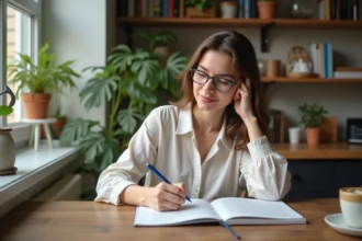 Jeune femme écrivant dans un cahier en cuisine lumineuse