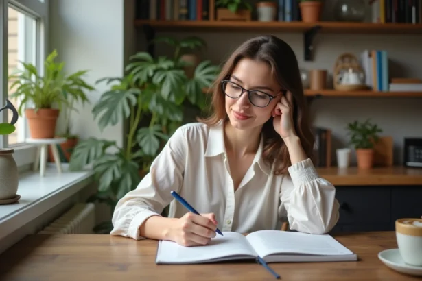 Jeune femme écrivant dans un cahier en cuisine lumineuse
