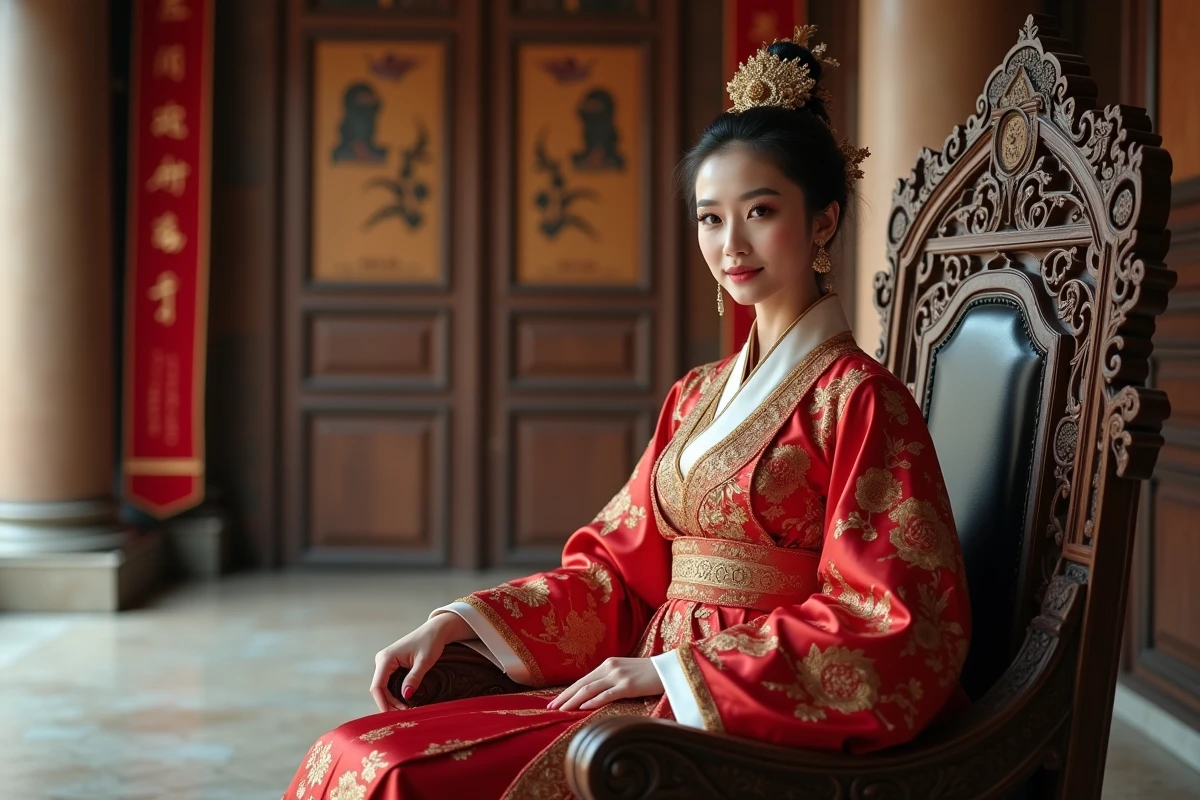 Femme asiatique en robe impériale sur un trône dans une salle