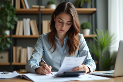 Femme d'âge moyen analysant des documents financiers dans un bureau cosy