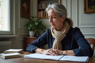 Femme française réfléchissant à ses notes de grammaire