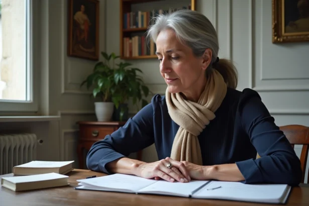 Femme française réfléchissant à ses notes de grammaire