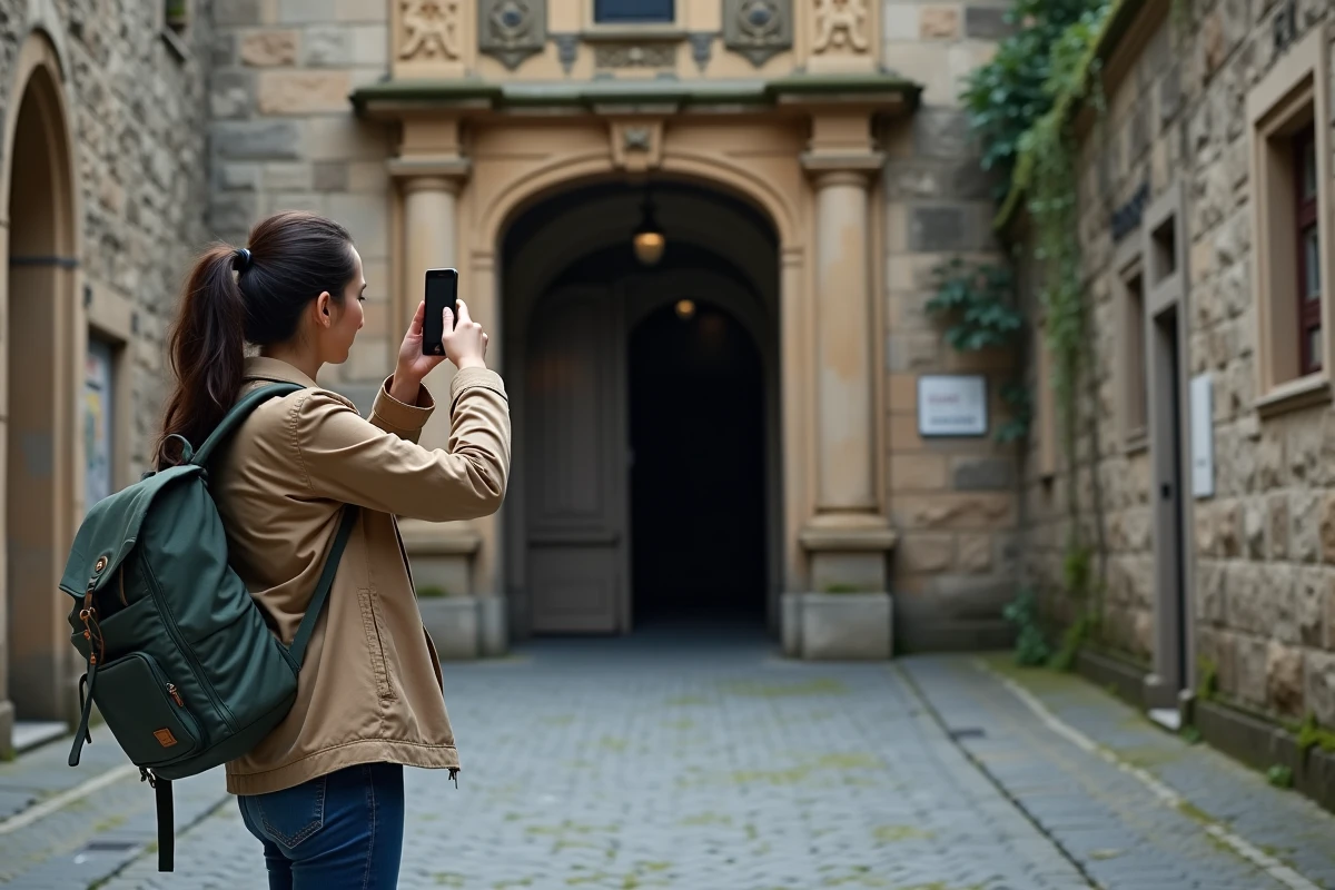 Femme prenant en photo une ancienne porte dans une place européenne