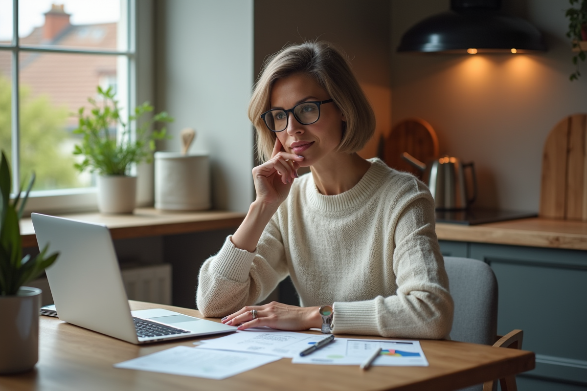 Femme d affaires regardant annonces immobilières sur ordinateur