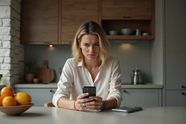 Femme inquiète avec smartphone dans une cuisine moderne