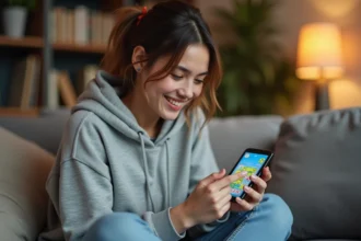 Jeune femme jouant à Monopoly GO sur smartphone pour récupérer des dés gratuits