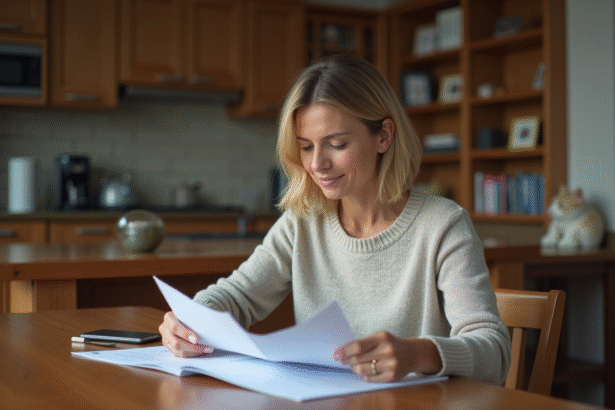 Femme d'âge moyen lisant des documents à la maison