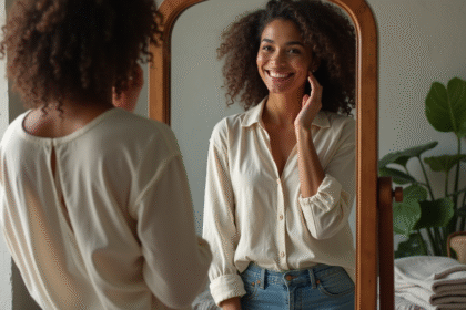 Femme souriante regardant son reflet dans un miroir vintage