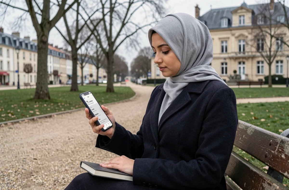 Jeune femme musulmane consultant les heures de prière de Mantes-la-Jolie sur son smartphone dans un parc
