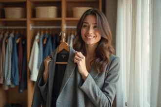 Femme stylée organisant sa garde-robe lumineuse