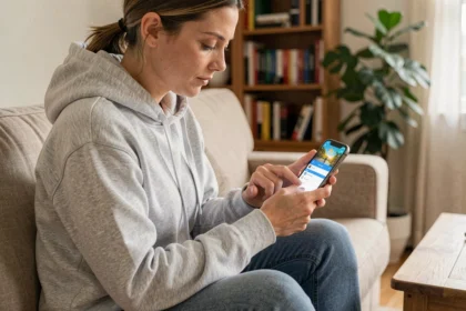 Femme paramétrant les réglages de sécurité de Monopoly Go sur smartphone dans un salon cosy
