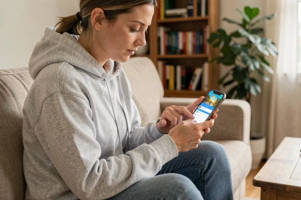 Femme paramétrant les réglages de sécurité de Monopoly Go sur smartphone dans un salon cosy