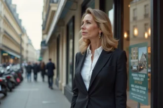 Femme élégante regardant une vitrine immobilière à Paris