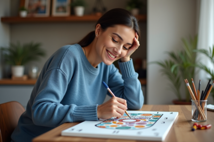 Femme souriante peignant une toile personnalisée à la maison