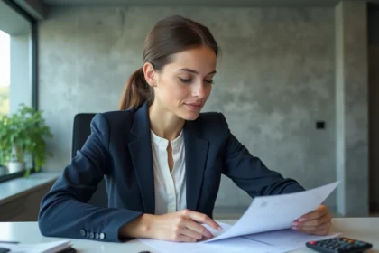 Femme d'affaires en bureau moderne avec documents et calculatrice