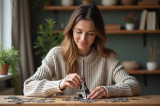 Femme assemble puzzle Eiffel dans un intérieur cosy