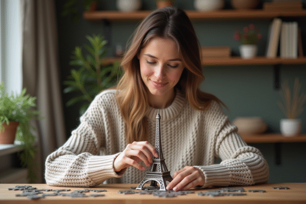Femme assemble puzzle Eiffel dans un intérieur cosy