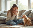 Jeune femme éternuant avec un chat à côté dans un salon lumineux