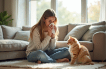 Jeune femme éternuant avec un chat à côté dans un salon lumineux