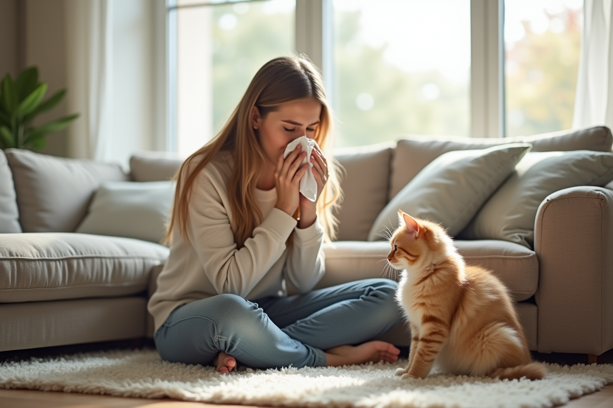 Jeune femme éternuant avec un chat à côté dans un salon lumineux