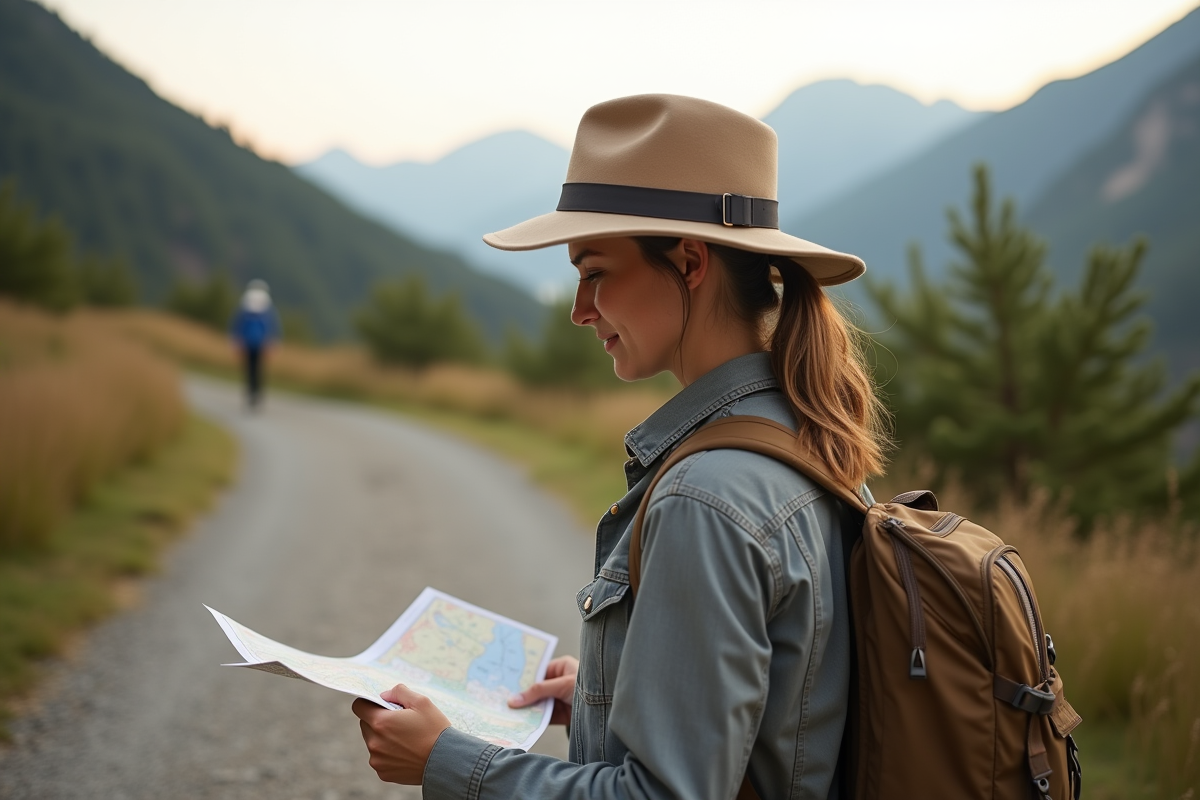 Femme randonneuse consulte une carte en pleine nature