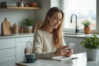 Jeune femme cherchant des réponses avec smartphone dans la cuisine