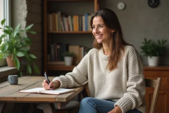Femme souriante dans un intérieur chaleureux et cosy