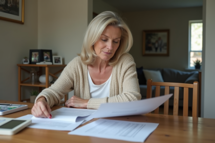 Femme réfléchissant à ses documents de maison