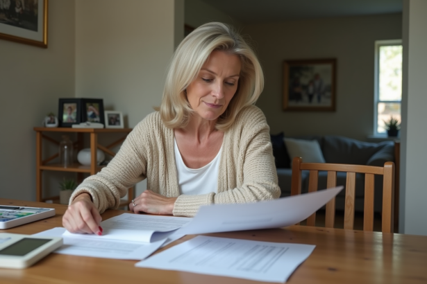 Femme réfléchissant à ses documents de maison