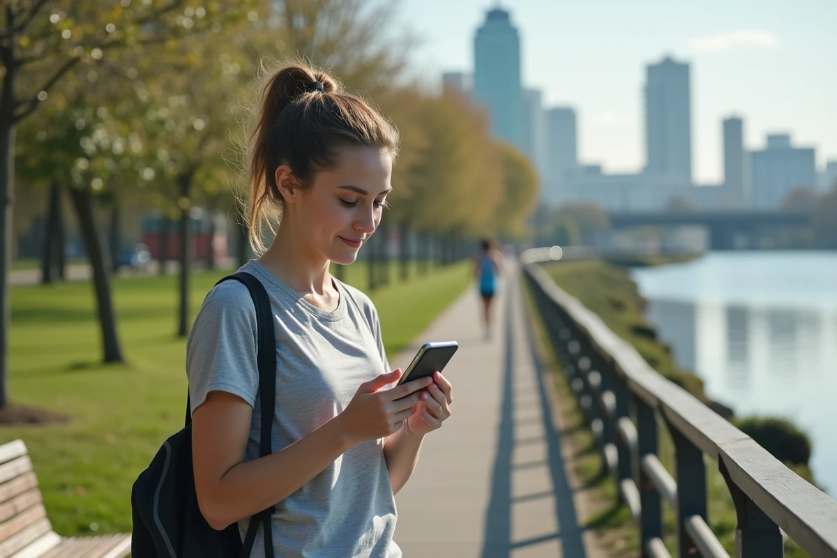 Jeune femme marchant au parc urbain utilisant son smartphone