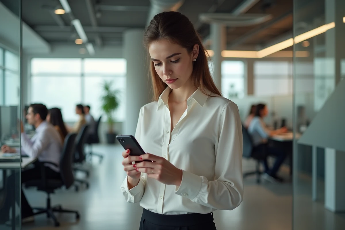 Jeune femme sceptique examinant un message sur son smartphone