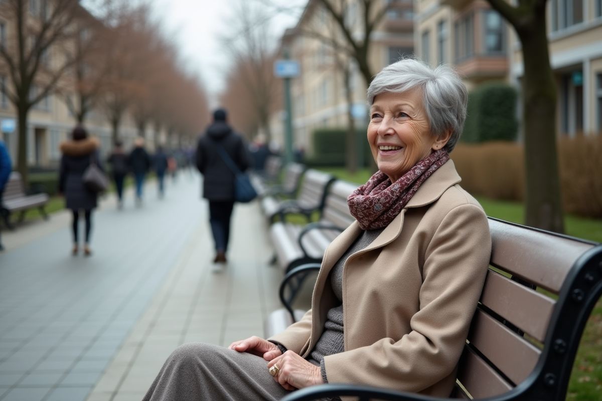 Femme âgée assise sur un banc dans un parc urbain
