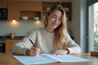 Jeune femme signant des papiers dans la cuisine