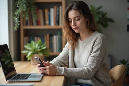Femme assise à un bureau moderne dans un appartement cosy