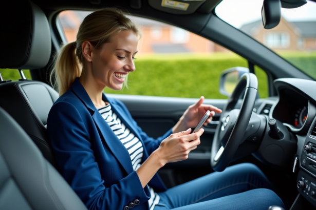 Femme souriante utilisant son smartphone dans une voiture moderne