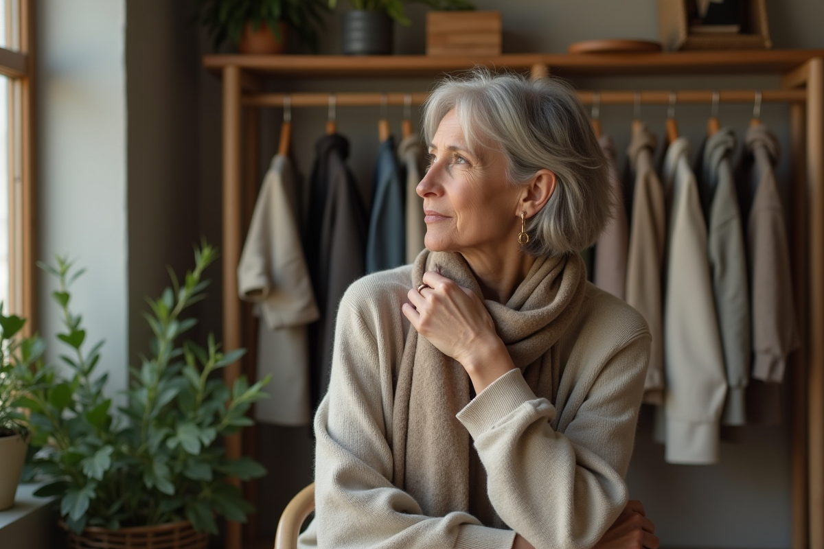 Femme contemplative ajustant son foulard dans une boutique