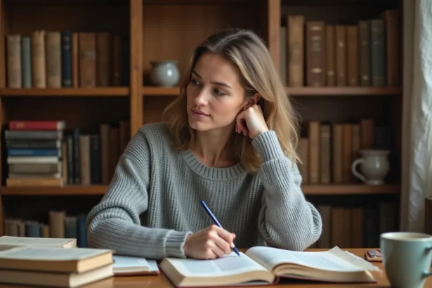 Femme cherchant un synonyme de verbatim dans un dictionnaire à son bureau de travail