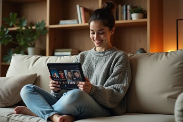Jeune femme utilisant une application de suivi de séries TV sur tablette dans son salon