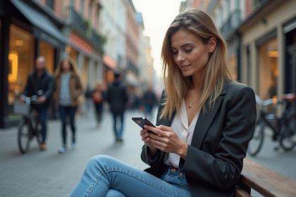 Femme urbaine en blazer regardant son smartphone
