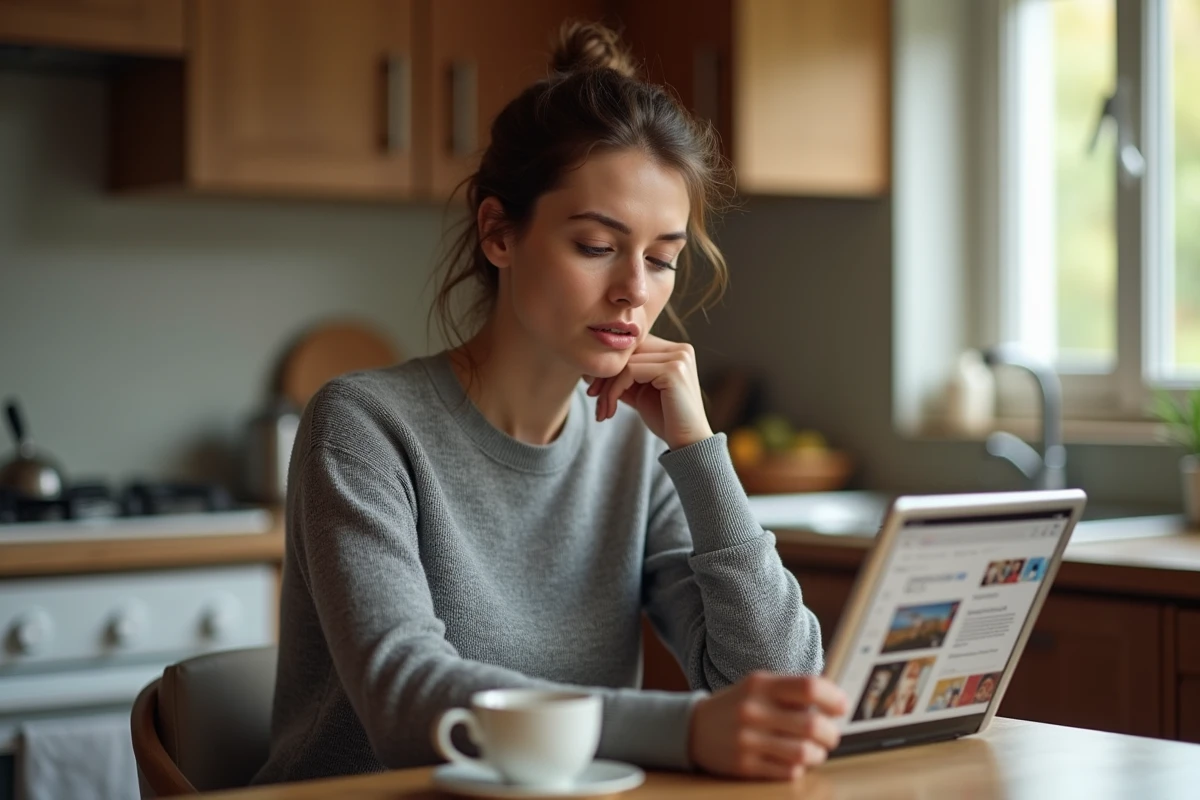 Femme sceptique consultant des vidéos et montages viraux sur une tablette à la maison