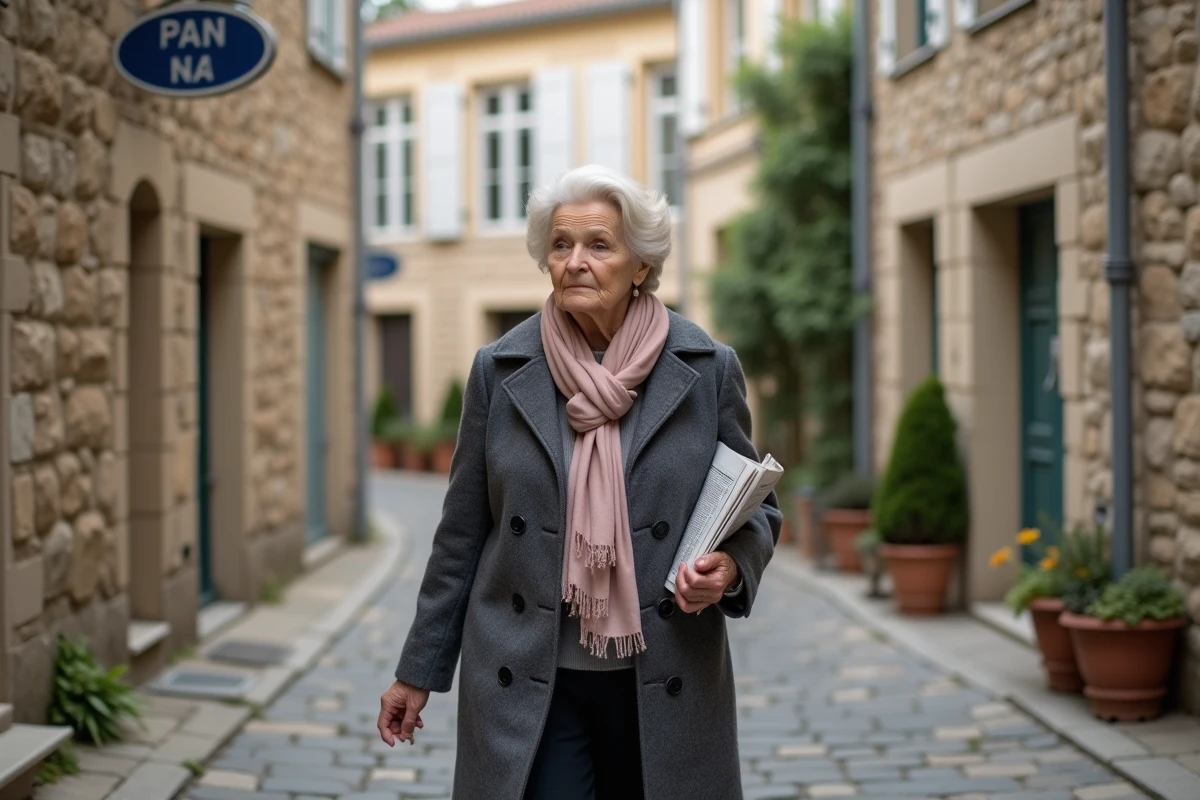 Femme âgée marchant dans un village français ancien