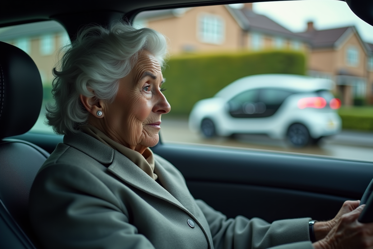 Femme âgée regardant une voiture électrique passer dans un cadre résidentiel