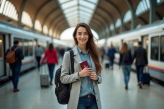 Femme voyageuse dans une gare européenne animée