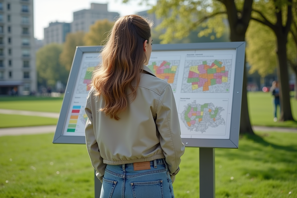 Jeune femme examine panneau de zonage urbain