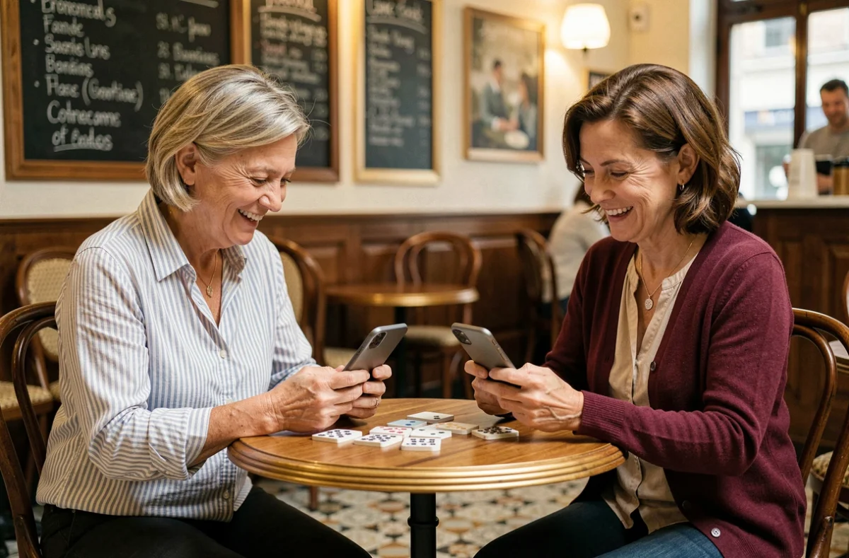 Deux femmes jouant à la belote coinchée en ligne sur smartphone dans un café parisien