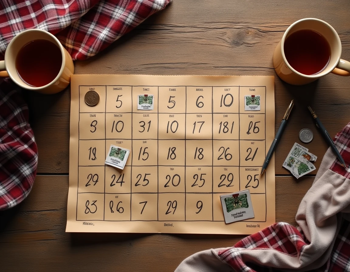 Vue aérienne d'un calendrier de l'Avent artisanal avec des tickets à gratter FDJ disposés sur les cases de décembre