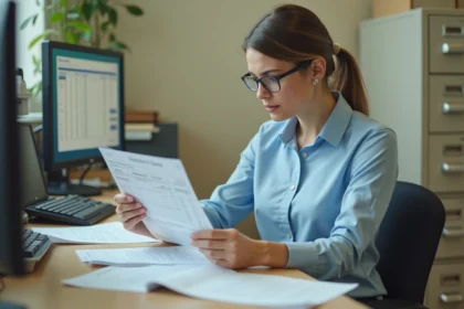 Fonctionnaire de catégorie C examinant ses fiches de paie dans un bureau administratif public