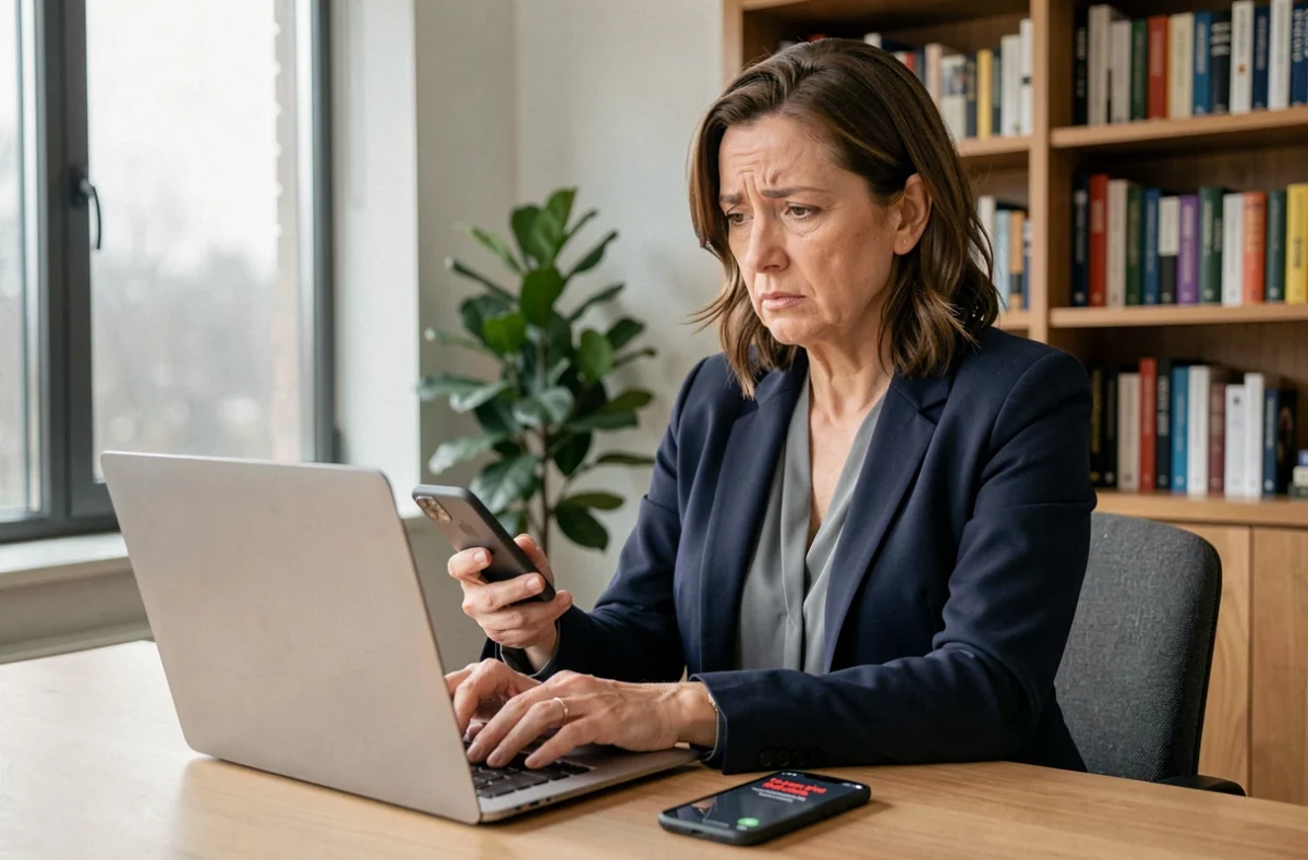 Femme d'affaires découvrant une fuite de données sur son ordinateur portable à domicile